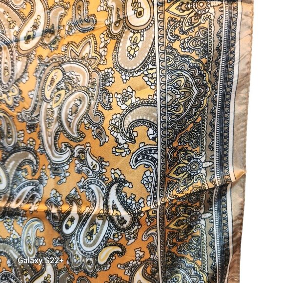 Gold Black Paisley Silk Scarf Western Wild Rage Boho Chic Square Lightweight Ret - Picture 6 of 7